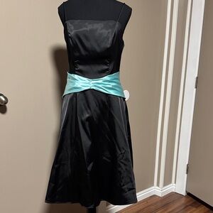 BECCA Black Satin Midi Dress with Aqua Waist Sash